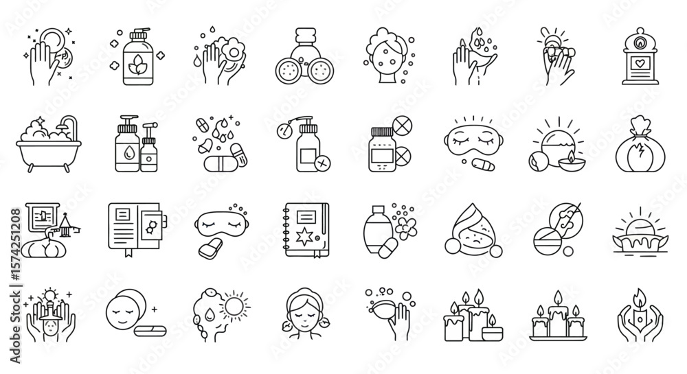Fototapeta premium A collection of line art icons representing skincare, beauty, and wellness treatments, including masks, creams, and relaxation elements.