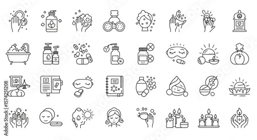 A collection of line art icons representing skincare, beauty, and wellness treatments, including masks, creams, and relaxation elements.