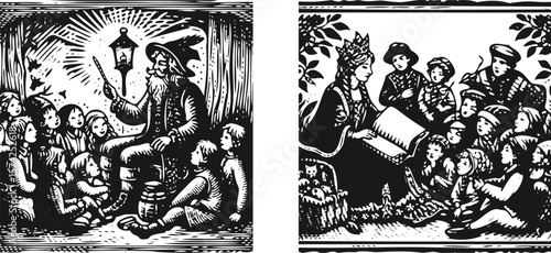  Monochrome lined effect engraving bundle of a storyteller with children gathered around, vintage hand-drawn style illustration, detailed black and white vector art design