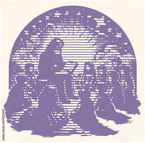  Purple color engraving postal stamp lined frame vector of a storyteller with children gathered around, vintage style illustration, family storytelling scene, educational and creative art design
