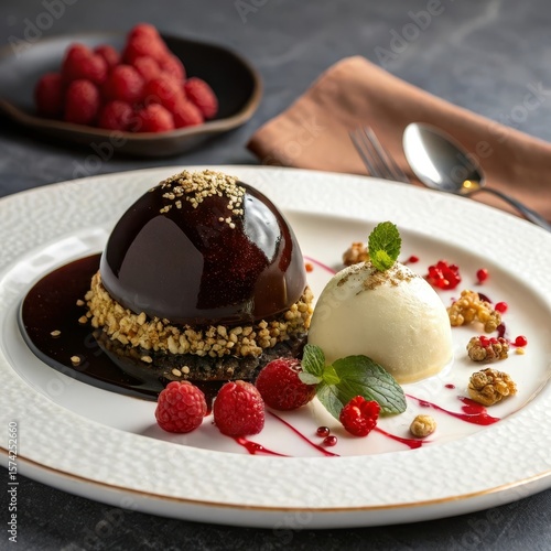 Modern culinary creation with dark chocolate mirror glaze, tuy swirl, and vibrant raspberry accents 