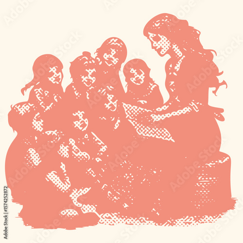  Pink color engraving postal stamp halftone frame vector design featuring a storyteller with children gathered around, vintage illustration, storytelling scene, family, education, narrative art