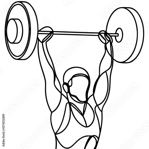 Weightlifter lifting barbell in line art, performing overhead lift. The weightlifter illustration depicts strength and determination in every line.