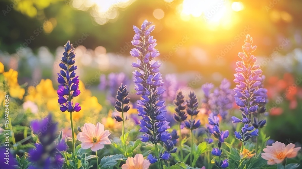 Obraz premium A Floral Kaleidoscope of Colorful Blooms Bathed in Warm Sunlight, Showcasing Nature s Vibrant Beauty