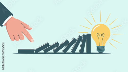 businessman's hand pushing dominoes to a lightbulb, vector illustration for the chain reaction of ideas, cause and effect principle and strategic innovation