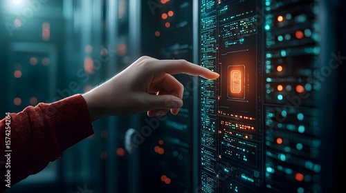 A close up view of a hand geometry scanner being used to verify access in a futuristic high tech laboratory setting filled with digital displays and computer equipment