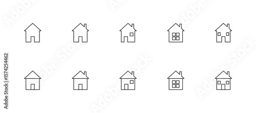 Minimal house icon set in thin outline style, Various home designs, Line art symbols for property and real estate