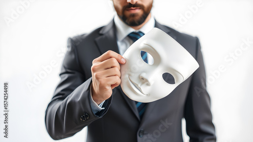 Businessman holding white mask in his hand dishonest cheating agreement.Faking and betray business partnership concept. Generative AI