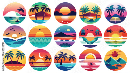 Vibrant Tropical Sunset Icons Beach, Ocean, Palm Trees, Island Paradise Illustrations