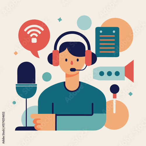 Radio Host or Podcaster with Broadcasting Equipment