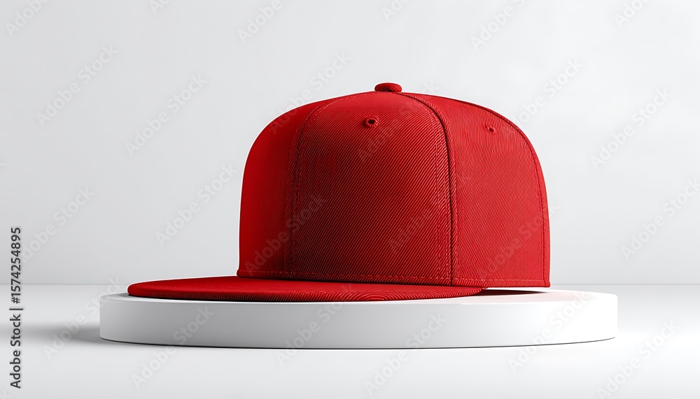 Fototapeta premium Vibrant red flat brim hat mockup on elevated stand with white backdrop