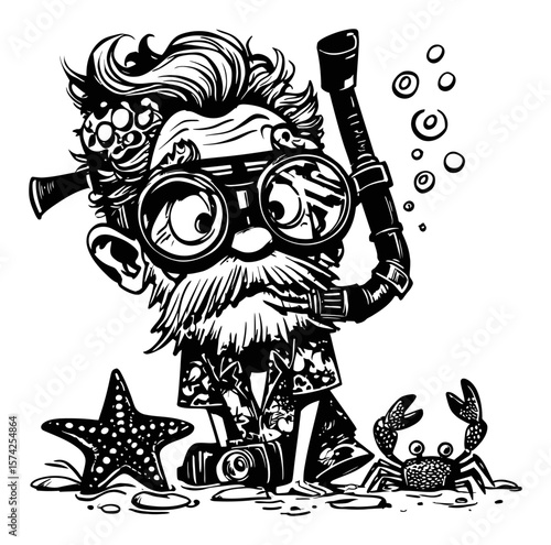Humorous Cartoon of Scuba Diver with Crab and Starfish on Beach Sand