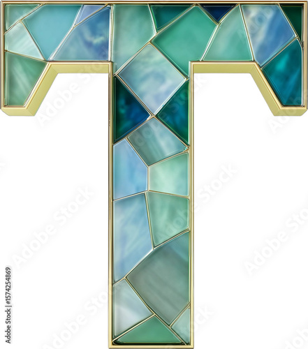 Stained Glass Letter T with Gold Frame
