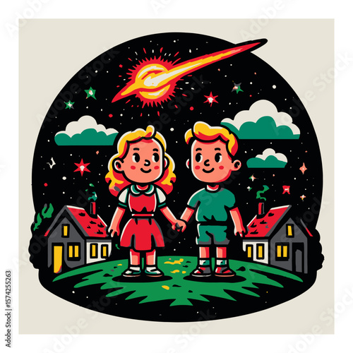 Cute Cartoon Aliens in a UFO Scene with Colorful Background