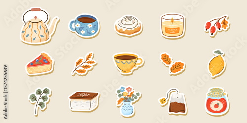 Cozy Autumn tea and coffee sticker set, vector watercolor of teacups, mugs, pastries, jam, drink, dessert, flowers. Perfect for planners, kitchen decor, scrapbooking, warm-themed projects