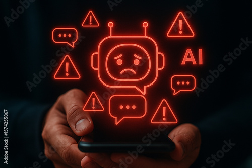 Ai chatbot error message on phone screen with warning sign and sad face for technology concept use