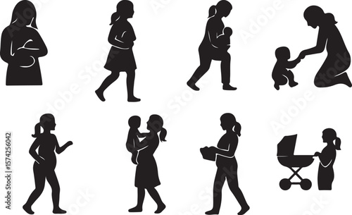 Motherhood Silhouette Icon Pack – Pregnancy, Baby Care & Parenting Activities for Family Design Projects