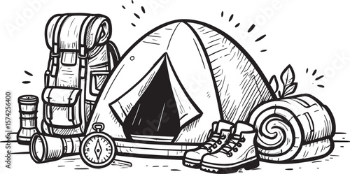 Essential camping gear illustration featuring a tent backpack boots compass and sleeping bag