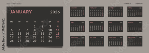 2026 Calendar Planner Set of Template 12 Monthly Page for Company or Personal use. Vector layout of a wall or desk organizer with week start Monday for print. Page for size A4-21x29.7cm in dark color