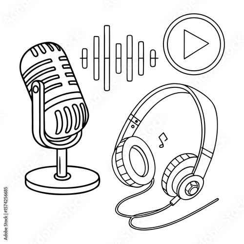 Line Art Microphone, Headphones, and Podcast Symbols for Streaming and Media Design