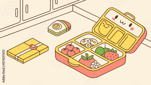 Illustration of a kawaii bento box with fruits sanowich drinks and snacks including an apple and cookies