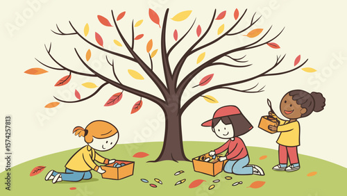 Three children collecting autumn leaves under a tree with colorful foliage in a playful illustration
