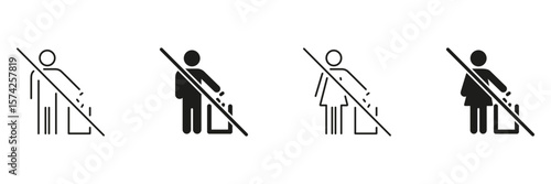 No Littering Prohibition Icon Set. Waste Disposal And Environmental Protection Outline And Silhouette Symbol Collection. Isolated Vector Illustration