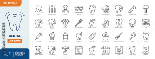 Dental line editable icon set. Containing tooth, dentistry, toothpaste, toothbrush, dentist, teeth, implant, and more. Editable stroke. Vector illustration