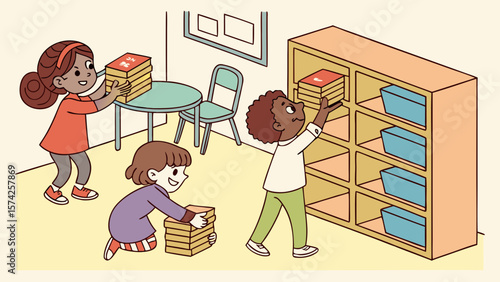 Three children putting books away on a shelf and on a table in a classroom setting illustration