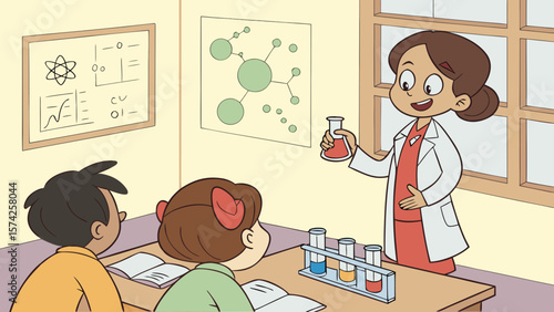 Illustration of a teacher in a lab coat doing a science experiment in front of her students in a classroom