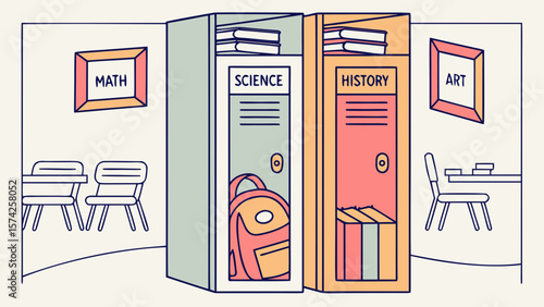 Illustration of a science classroom with a teacher and students doing experiments and learning science
