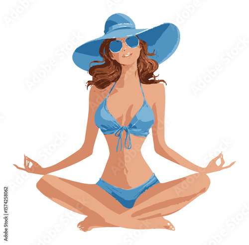 Relaxing Woman in Blue Bikini and Hat Meditating on Beach