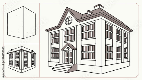 Illustration showing a cube, a house in perspective, and a frontal view of the same house drawing style