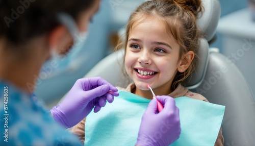 Smiling young girl having dental checkup with friendly female dentist