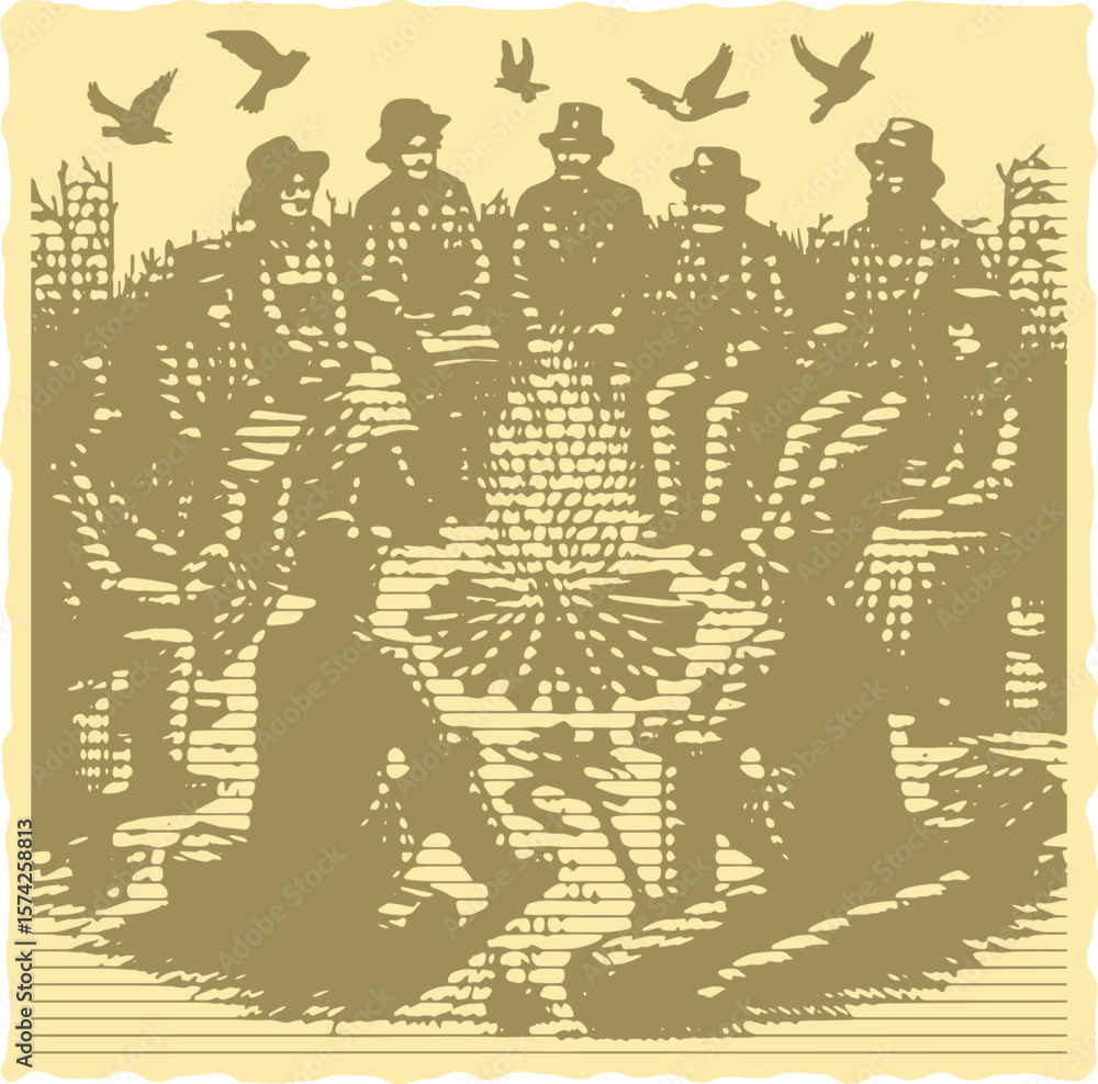 © MSTMAYA - Vibrant color engraving postal stamp halftone frame vector of green group people sitting around fire campfire outdoor nature social gathering warm night illustration