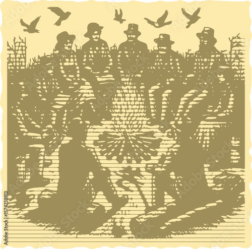  Vibrant color engraving postal stamp halftone frame vector of green group people sitting around fire campfire outdoor nature social gathering warm night illustration