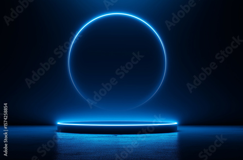 Abstract blue glowing neon podium with a circle for product presentation on a dark background