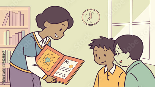 Illustration of a teacher showing an award to two students in a classroom setting with a bookshelf