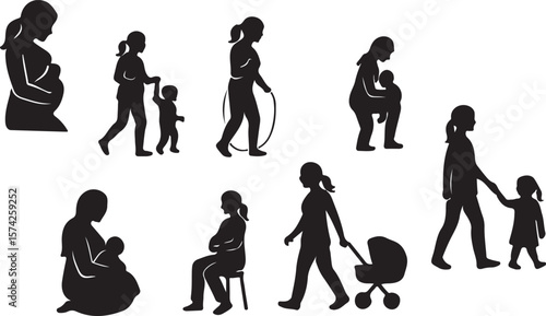Motherhood Silhouette Icon Set – Pregnancy, Parenting & Childcare Poses for Family & Wellness Design Projects