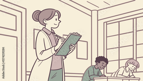 Illustration of a desk with a cup of coffee an open notebook a pencil and glasses on a light background