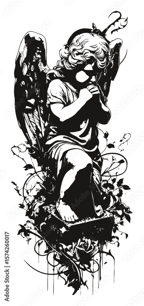 Fototapeta premium Hand-Drawn Black and White Angel Illustration with Floral Accents