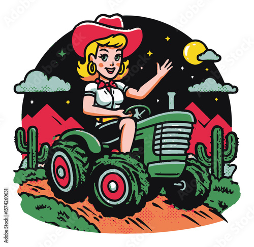 Cheerful Cartoon Character Riding Tractor in Desert Landscape with Cacti