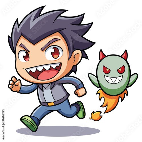 Cartoon boy running from a fiery demon