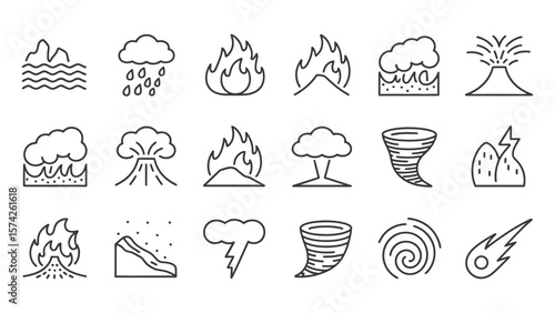 Collection of line art icons representing natural disasters and extreme weather events.