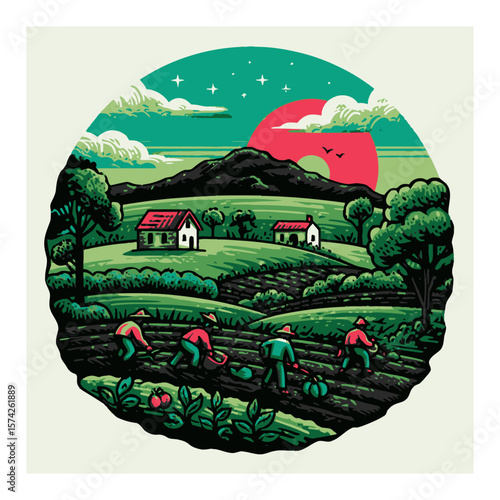 Vibrant Cartoon Nature Scene with Farmers Tending Vegetables in Fields