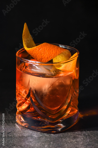 Classic Negroni Cocktail. Served with ice and orange zest