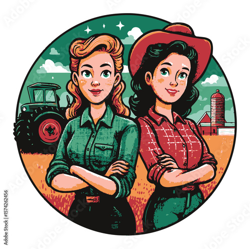 Vintage Cartoon Women Farmers Smiling in a Colorful Agricultural Landscape