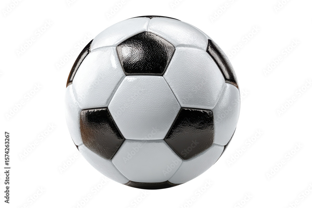 Fototapeta premium Classic black and white soccer ball, glossy football sphere. Sports equipment icon for game, training and tournament design isolated on Transparent Background