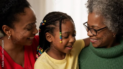 Three generations of black women a girl with beaded braids embraced by her mother and grandmother look down