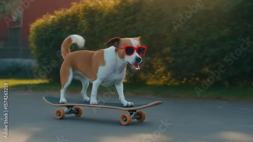 A smart dog wearing sunglasses, riding a skateboard, and whistling as it goes